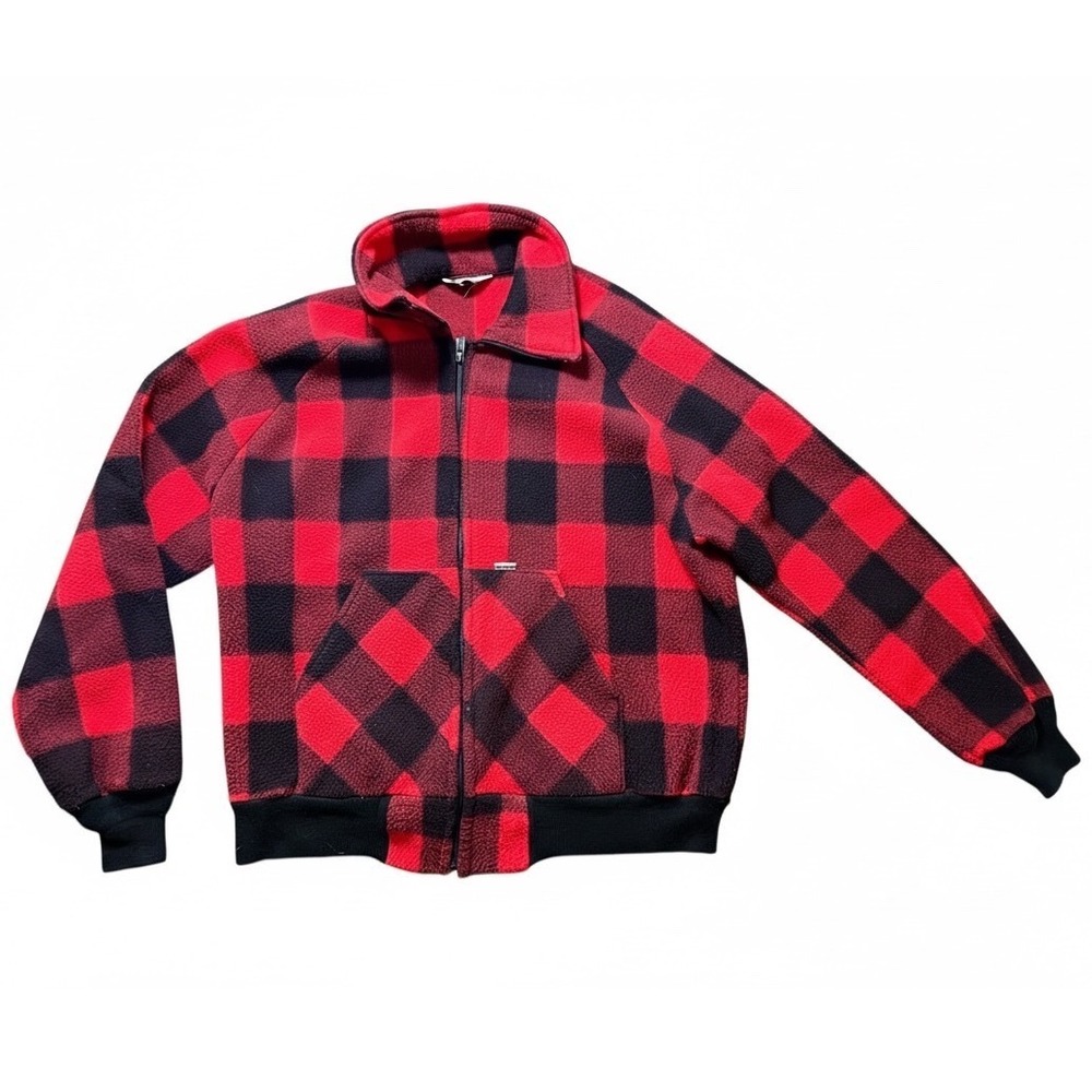 PolarFleece Red Black Buffalo Plaid Full Zip Fleece Jacket Mens XL Vintage